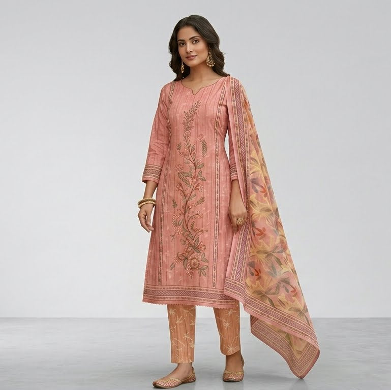 Elegant Peach Floral Unstitched Salwar Suit