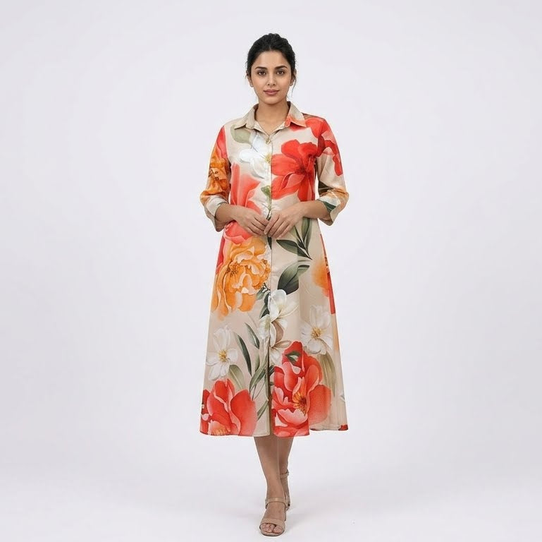 Flared Shirt Dress-Satin