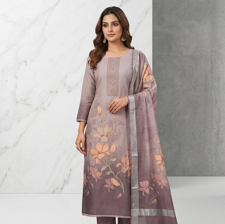 Elegant Floral Printed Unstitched Salwar Suit with Dupatta – Mauve