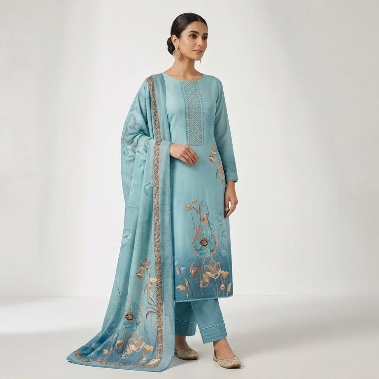Graceful Aqua Blue Floral Embroidered Unstitched Salwar Suit with Dupatta