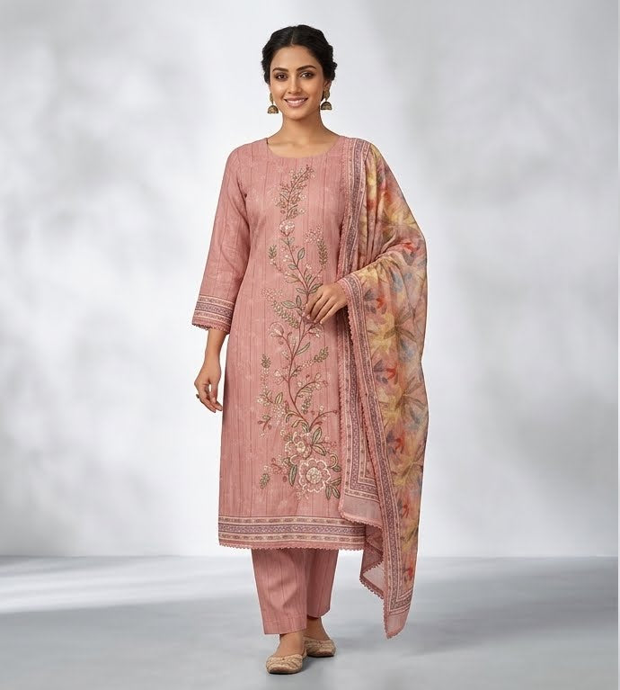 Elegant Peach Floral Embroidered Unstitched Salwar Suit with Printed Dupatta