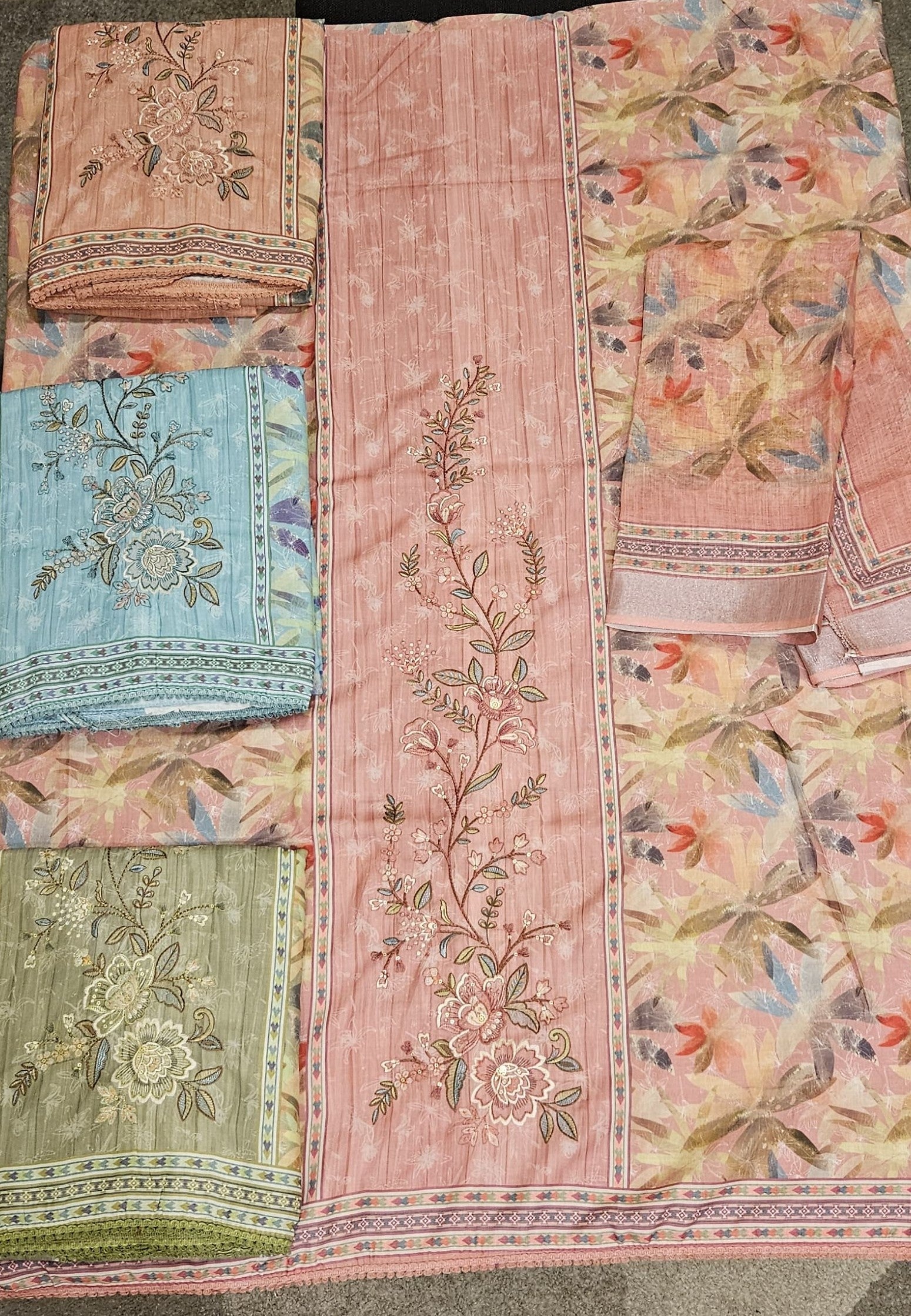 Elegant Peach Floral Embroidered Unstitched Salwar Suit with Printed Dupatta