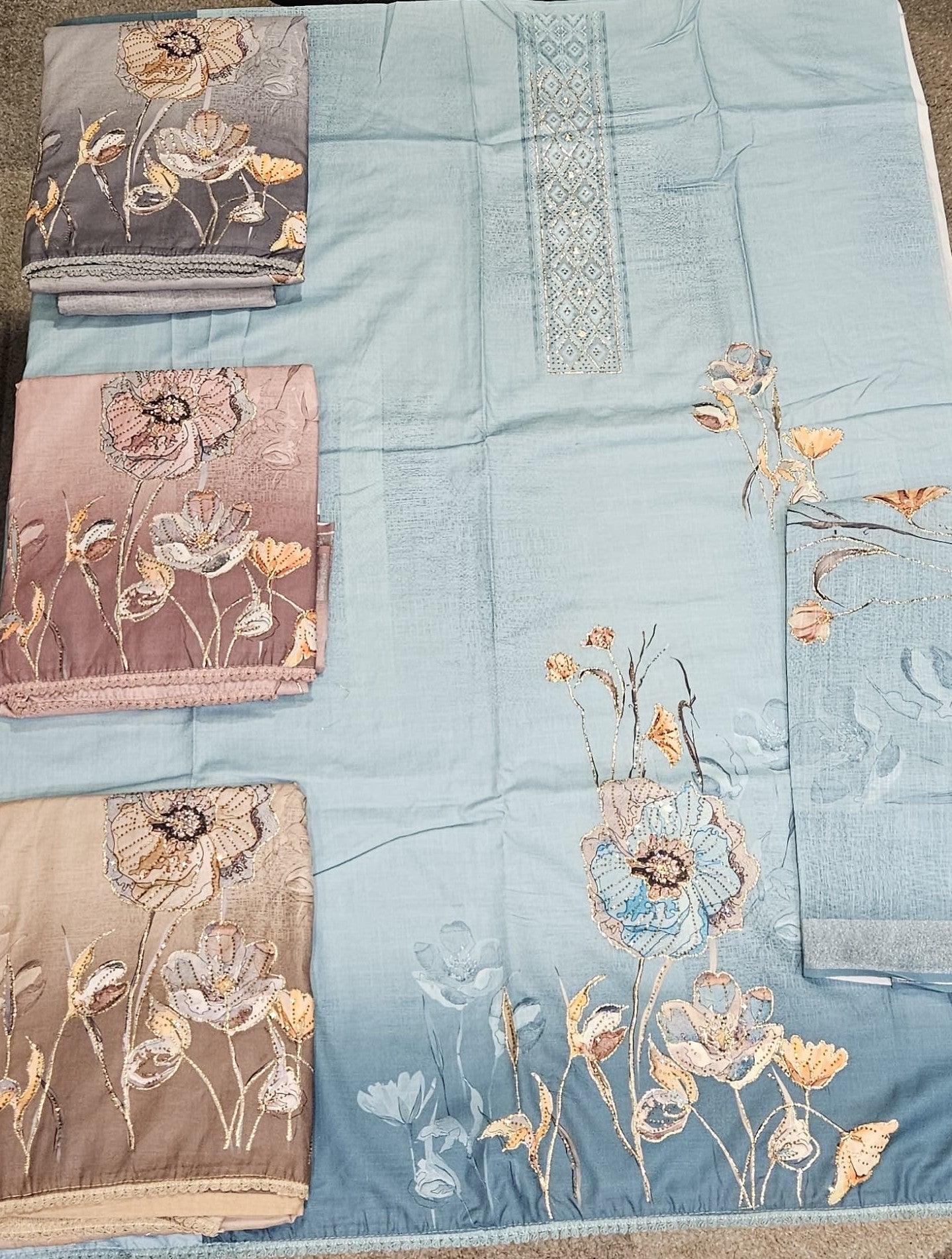 Graceful Aqua Blue Floral Embroidered Unstitched Salwar Suit with Dupatta