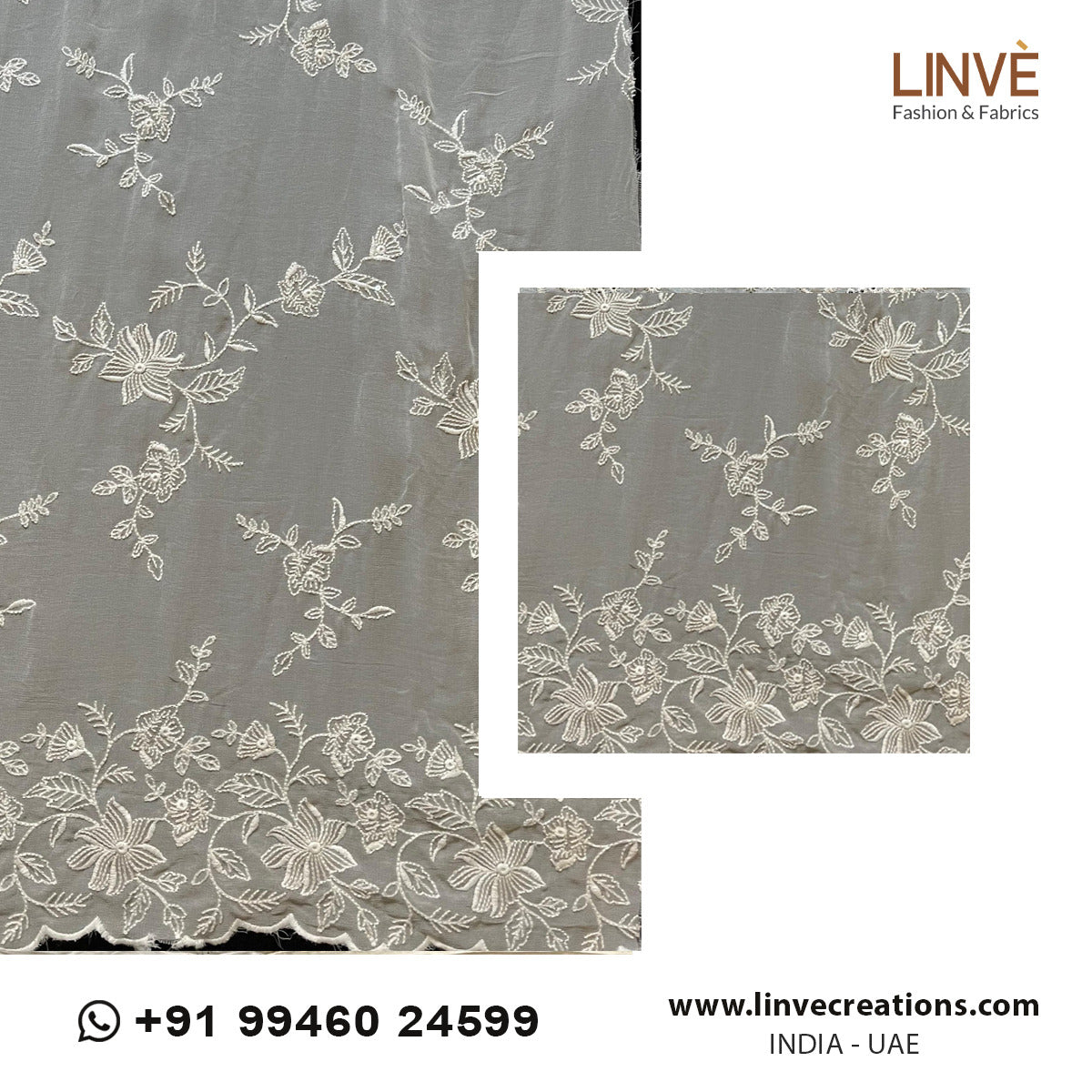 Romantic Floral-Vine Dyeable Georgette with Scalloped Border