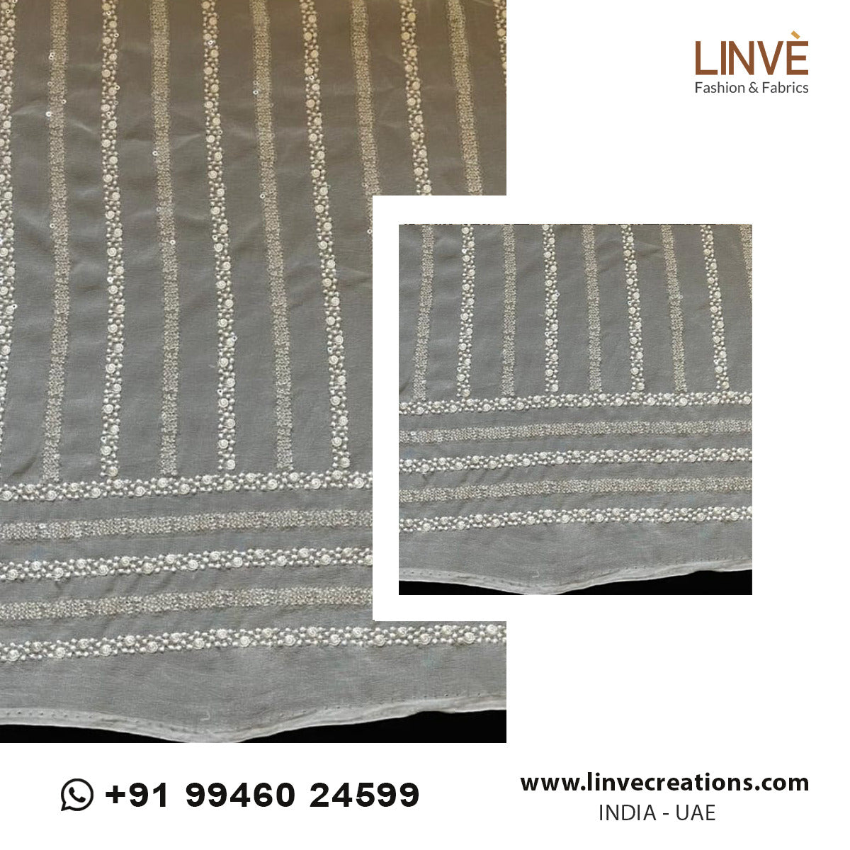 Linear Pearl & Sequin Striped Dyeable Georgette