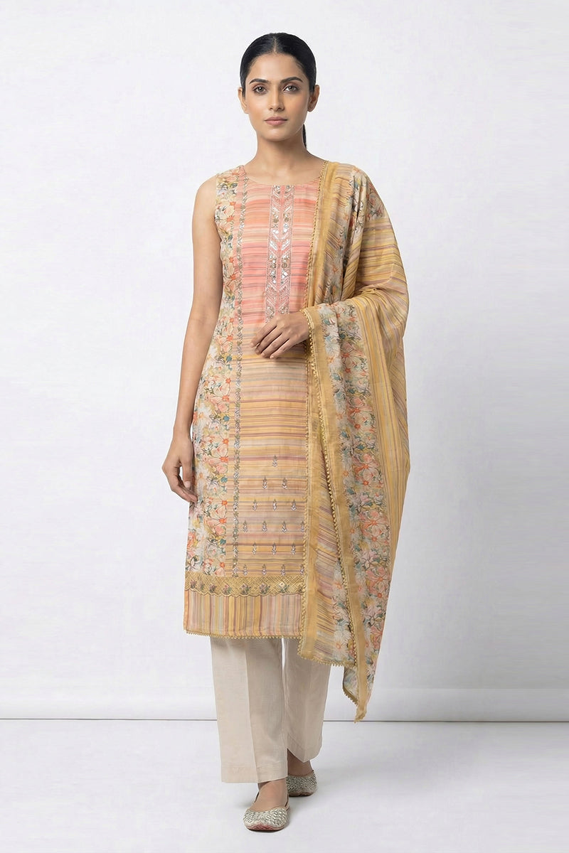 Elegant Floral & Stripe Printed Salwar Suit Dress Material