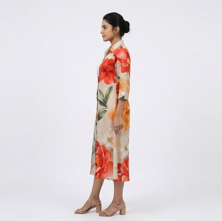 Flared Shirt Dress-Satin